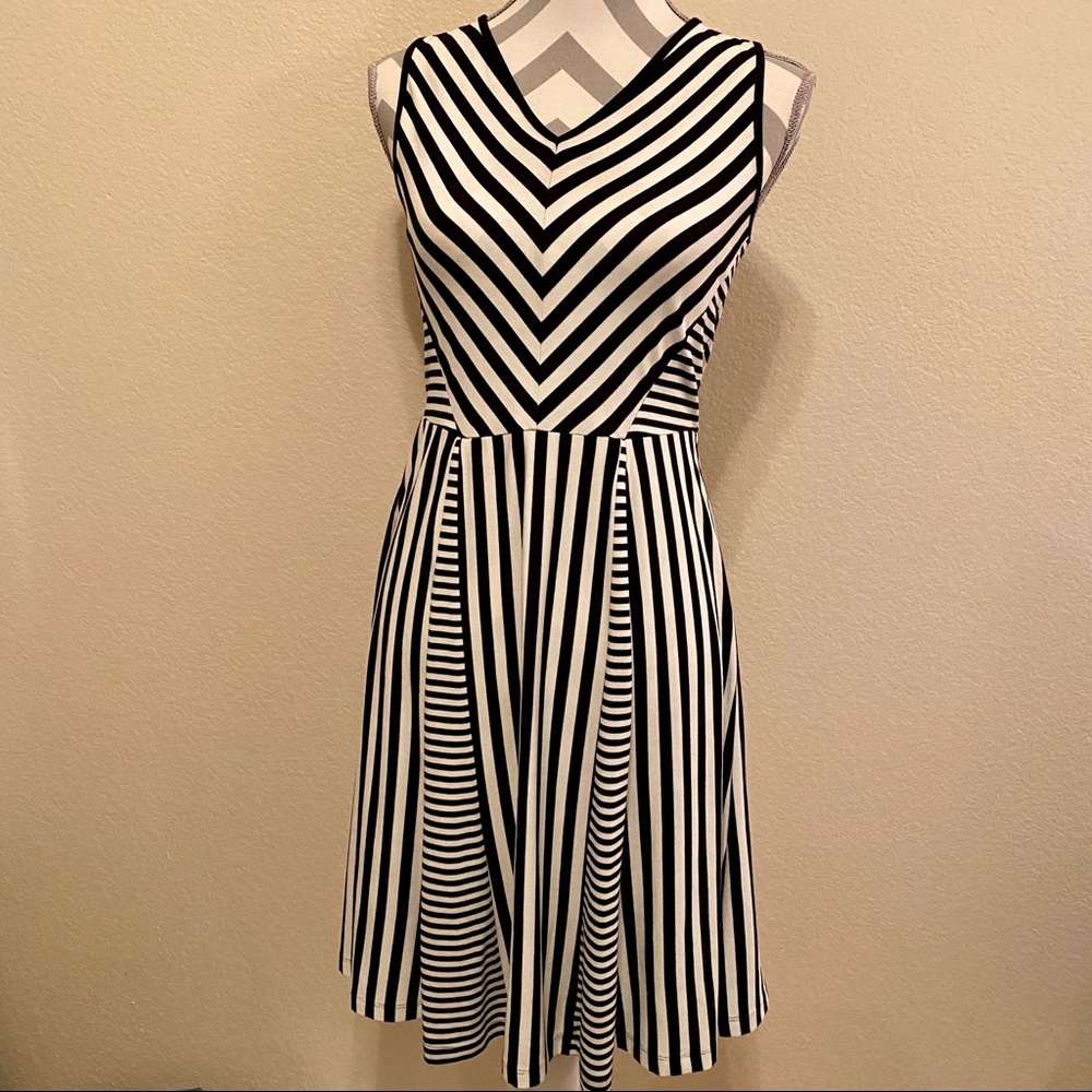 NWT Versona Black & White Retro Stripe Fit & Flare V Neck Sleeveless Dress 4